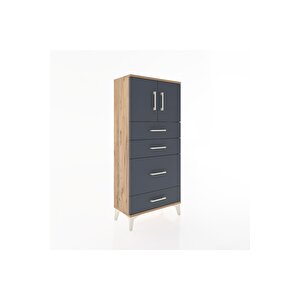 Hyperion Dolap Tek Raflı 4 Çekmeceli 2 Kapaklı 60x44x134 Çam-antrasit