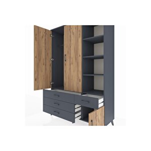 Hyperion Dolap 5 Raflı 4 Çekmeceli Tek Askılı 132x44x195 Antrasit-çam/antrasit