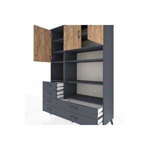 Hyperion Dolap 9 Raflı 6 Çekmeceli 3 Kapaklı 132x44x195 Antrasit-çam/antrasit