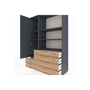 Hyperion Dolap 7 Raflı 6 Çekmeceli Tek Kapaklı  132x44x195 Antrasit-antrasit/çam