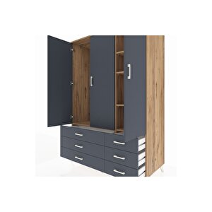 Kronos Dolap 5 Raflı 6 Çekmeceli Tek Askılı 132x59x195 Çam-antrasit/antrasit