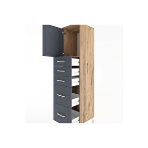 Hyperion Dolap Tek Raflı 5 Çekmeceli Tek Kapaklı 44x44x182 Çam-antrasit