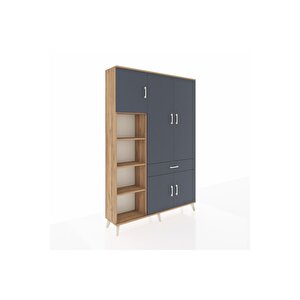 Arges Gardrop 8 Raflı Tek Çekmeceli 5 Kapaklı 132x30x195 Çam-antrasit