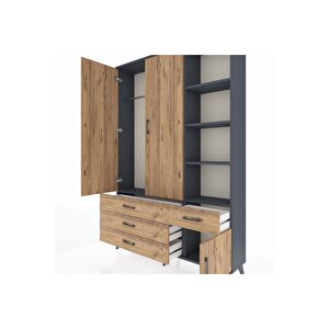 Arges Gardrop 5 Raflı 4 Çekmeceli Tek Askılı 132x30x195 Antrasit-çam