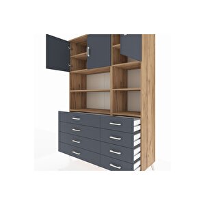 Hyperion Gardrop 8 Raflı 8 Çekmeceli 3 Kapaklı 132x44x195 Çam-antrasit