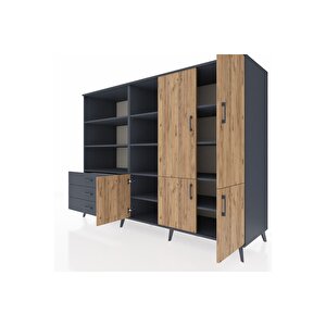 Kronos Dolap 11 Raflı 3 Çekmeceli 5 Kapaklı 220x59x163 Antrasit-çam/antrasit