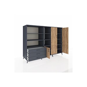 Kronos Dolap 11 Raflı 3 Çekmeceli 5 Kapaklı 220x59x163 Antrasit-çam/antrasit