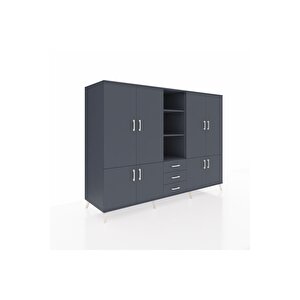 Kronos Dolap 11 Raflı 3 Çekmeceli 8 Kapaklı 220x59x163 Antrasit-antrasit