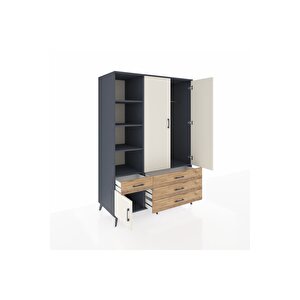 Kronos Dolap 5 Raflı 4 Çekmeceli Tek Askılı 132x59x195 Antrasit-aytaşı/çam