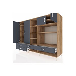 Kronos Dolap 12 Raflı 4 Çekmeceli 4 Kapaklı 220x59x163 Çam-antrasit