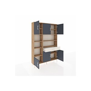 Arges Dolap 10 Raflı Tek Çekmeceli 6 Kapaklı 132x30x195 Çam-antrasit/aytaşı