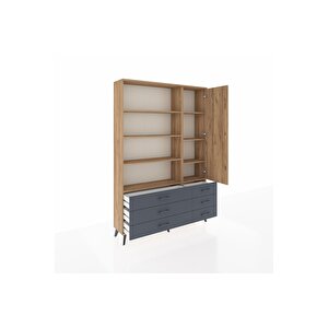 Arges Dolap 8 Raflı 6 Çekmeceli Tek Kapaklı  132x30x195 Çam-çam/antrasit