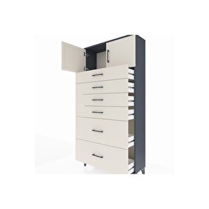 Arges Dolap Tek Raflı 6 Çekmeceli 2 Kapaklı 88x30x182 Antrasit-aytaşı