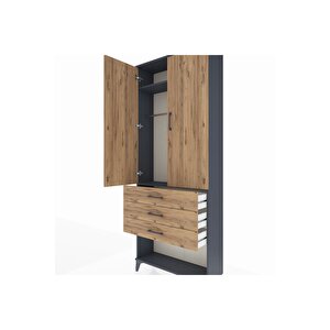 Arges Dolap 2 Raflı 3 Çekmeceli Tek Askılı 88x30x221 Antrasit-çam