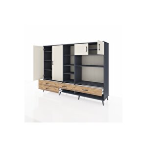 Hyperion Dolap 12 Raflı 4 Çekmeceli 4 Kapaklı 220x44x163 Antrasit-aytaşı/çam