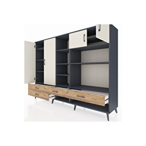 Hyperion Dolap 12 Raflı 4 Çekmeceli 4 Kapaklı 220x44x163 Antrasit-aytaşı/çam