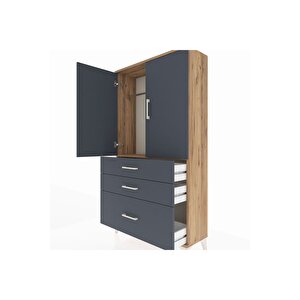 Arges Dolap Tek Raflı 3 Çekmeceli Tek Askılı 88x30x163 Çam-antrasit