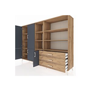 Hyperion Dolap 11 Raflı 3 Çekmeceli 5 Kapaklı 220x44x163 Çam-antrasit/çam