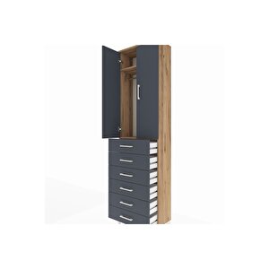 Arges Dolap 2 Raflı 6 Çekmeceli Tek Askılı 60x30x221 Çam-antrasit