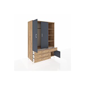 Kronos Dolap 5 Raflı 4 Çekmeceli Tek Askılı 132x59x195 Çam-antrasit/çam