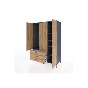 Kronos Dolap 6 Raflı 3 Çekmeceli Tek Askılı 132x59x195 Antrasit-çam/çam