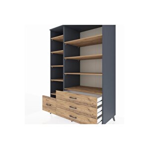Kronos Dolap 9 Raflı 4 Çekmeceli  132x59x195 Antrasit-çam/çam
