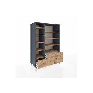 Kronos Dolap 9 Raflı 4 Çekmeceli  132x59x195 Antrasit-çam/çam