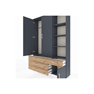 Arges Dolap 5 Raflı 4 Çekmeceli Tek Askılı 132x30x195 Antrasit-antrasit/çam