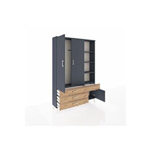 Arges Dolap 5 Raflı 4 Çekmeceli Tek Askılı 132x30x195 Antrasit-antrasit/çam