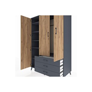 Kronos Dolap 6 Raflı 3 Çekmeceli Tek Askılı 132x59x195 Antrasit-çam/antrasit