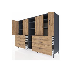 Kronos Dolap 10 Raflı 6 Çekmeceli 4 Kapaklı 220x59x163 Antrasit-çam