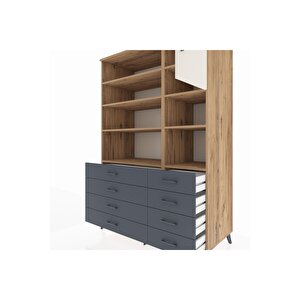 Kronos Dolap 8 Raflı 8 Çekmeceli Tek Kapaklı  132x59x195 Çam-aytaşı/antrasit