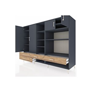 Kronos Dolap 12 Raflı 4 Çekmeceli 4 Kapaklı 220x59x163 Antrasit-antrasit/çam