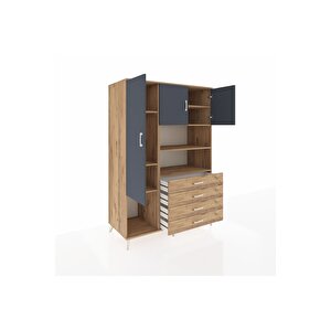 Kronos Dolap 7 Raflı 4 Çekmeceli 3 Kapaklı 132x59x195 Çam-antrasit/çam