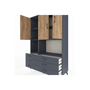 Hyperion Dolap 6 Raflı 6 Çekmeceli 3 Kapaklı 132x44x195 Antrasit-çam/antrasit