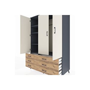 Kronos Dolap 5 Raflı 6 Çekmeceli Tek Askılı 132x59x195 Antrasit-aytaşı/çam