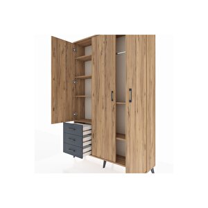 Arges Dolap 6 Raflı 3 Çekmeceli Tek Askılı 132x30x195 Çam-çam/antrasit