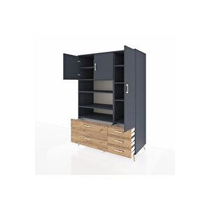 Kronos Dolap 9 Raflı 5 Çekmeceli 3 Kapaklı 132x59x195 Antrasit-antrasit/çam