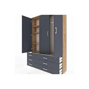 Arges Gardrop 5 Raflı 6 Çekmeceli Tek Askılı 132x30x195 Çam-antrasit