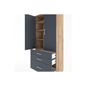 Hyperion Dolap 4 Raflı 3 Çekmeceli 2 Kapaklı 88x44x195 Çam-antrasit