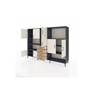 Hyperion Dolap 10 Raflı 4 Çekmeceli 8 Kapaklı 220x44x163 Antrasit-aytaşı/çam