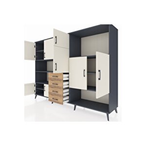 Hyperion Dolap 10 Raflı 4 Çekmeceli 8 Kapaklı 220x44x163 Antrasit-aytaşı/çam