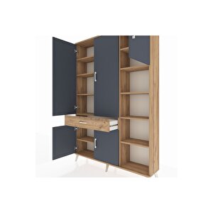 Arges Dolap 10 Raflı Tek Çekmeceli 5 Kapaklı 132x30x195 Çam-antrasit/çam