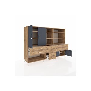 Kronos Dolap 10 Raflı 6 Çekmeceli 4 Kapaklı 220x59x163 Çam-antrasit/çam