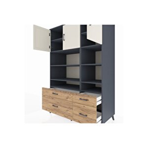 Kronos Dolap 10 Raflı 4 Çekmeceli 3 Kapaklı 132x59x195 Antrasit-aytaşı/çam