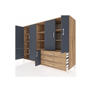 Kronos Dolap 11 Raflı 3 Çekmeceli 7 Kapaklı 220x59x163 Çam-antrasit/çam