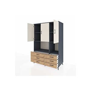 Kronos Dolap 6 Raflı 6 Çekmeceli 3 Kapaklı 132x59x195 Antrasit-aytaşı/çam