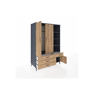 Kronos Dolap 5 Raflı 4 Çekmeceli Tek Askılı 132x59x195 Antrasit-çam/çam