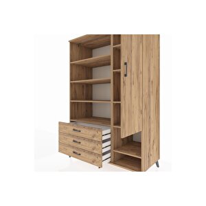 Kronos Dolap 9 Raflı 3 Çekmeceli Tek Kapaklı  132x59x195 Çam-çam/çam