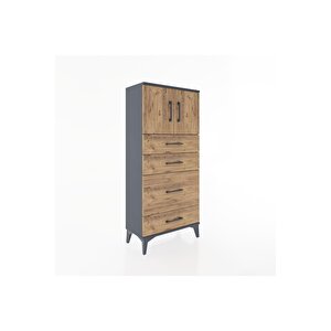 Hyperion Dolap Tek Raflı 4 Çekmeceli 2 Kapaklı 60x44x134 Antrasit-çam